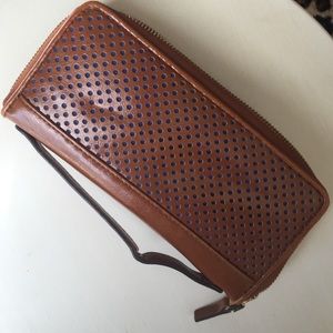 Wallet/wristlet perforated faux leather tan