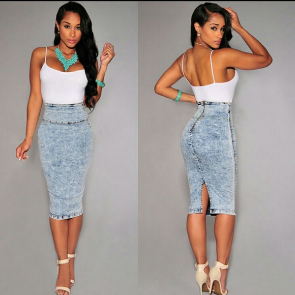 High waist denim pencil skirt