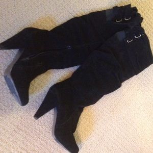 Suede black knee high heel boots