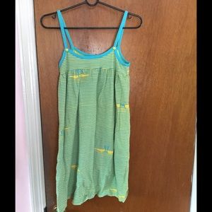 green and blue striped dress