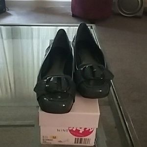 Teal patent leather flats