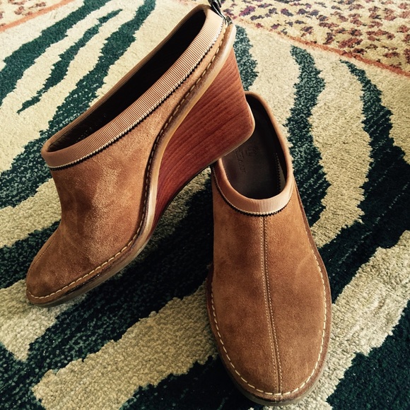 COLE HAAN Open-heel Wedge Booties in Brown Suede