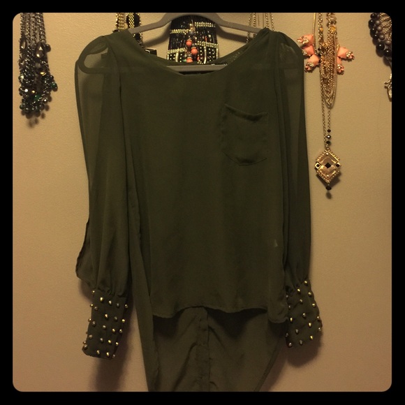 Sheer olive blouse with studded cuffs