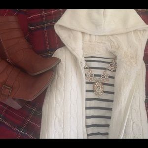 Faux Fur Lined Cable Knit Sweater with Hood