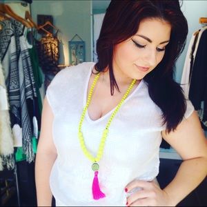 Neon Yellow Tassel and Druzy Necklace