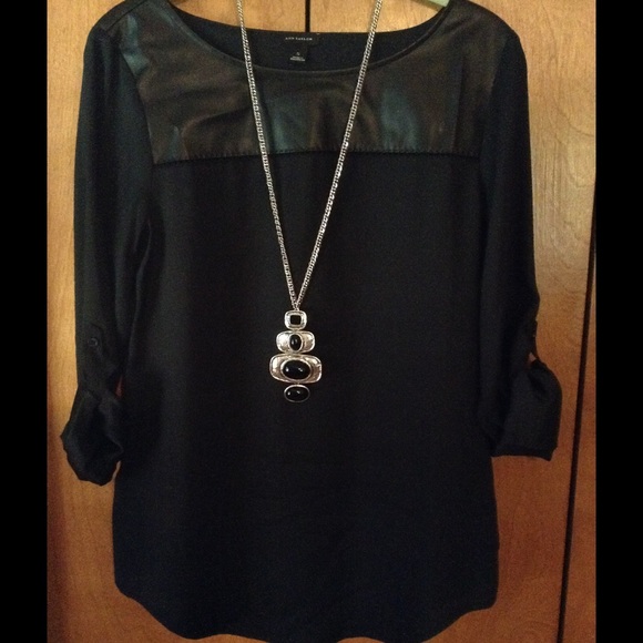 Ann Taylor black blouse with faux leather neckline