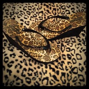 Bebe black cheetah wedge rubber sandals