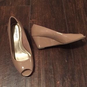 Nude Patent Peep Toe Wedges