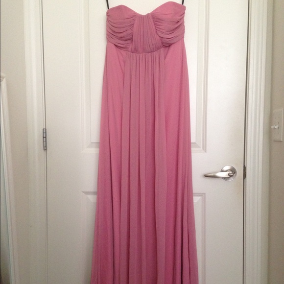 Pink strapless Dessy Collection chiffon gown 8