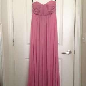 Pink strapless Dessy Collection chiffon gown 8