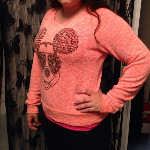 Disney Brand Mickey Mouse Neon Peach Sweater - Picture 1 of 4