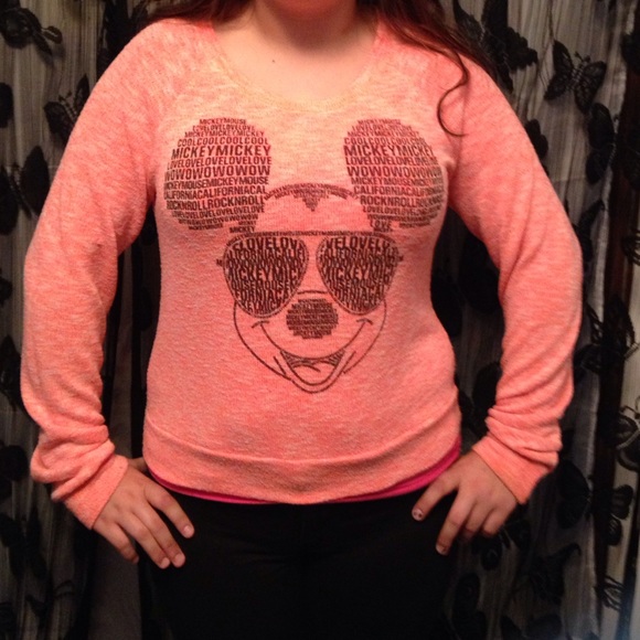 Disney Brand Mickey Mouse Neon Peach Sweater - Picture 2 of 4