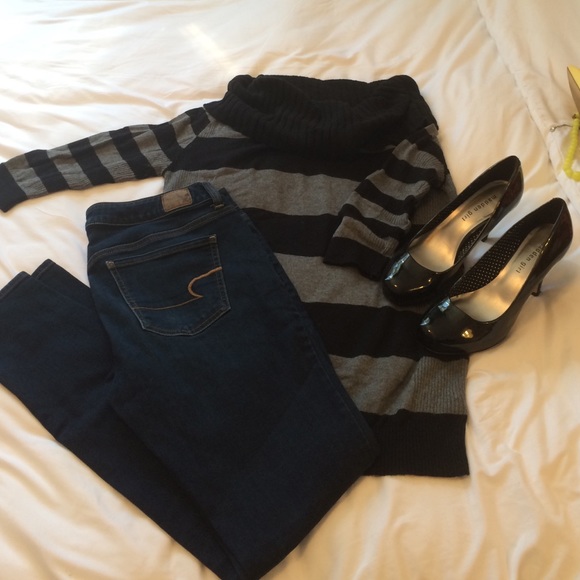 Multi way neck, grey and black striped sweater