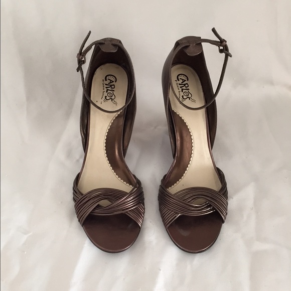 Bronze Copper colored ankle strap wedges