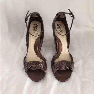 Bronze Copper colored ankle strap wedges