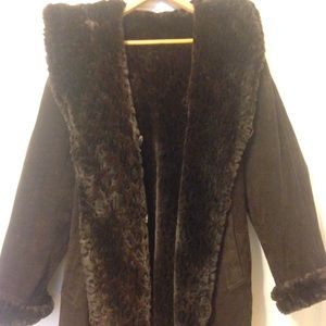 Brown  suede coat and matching gloves