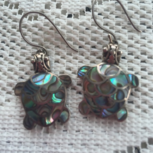 Sterling turtle dangle earrings abalone shell hook