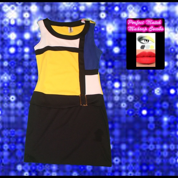 Mod & Posh Girl Colorblock Dress Yellow/Blue/White - Picture 1 of 3