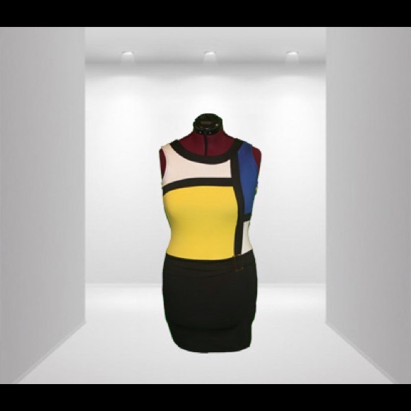 Mod & Posh Girl Colorblock Dress Yellow/Blue/White - Picture 2 of 3