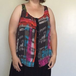 Sleeveless, button down blouse, bright and bold