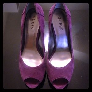 Purple suede peep toe pumps