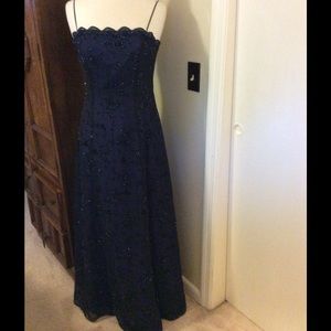 Betsy & Adam navy blue w/beading prom formal gown