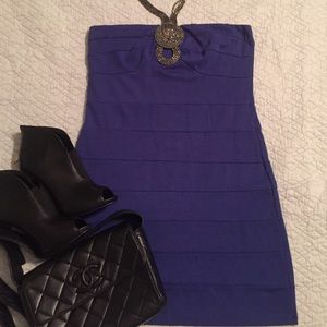 Blue bodycon dress halter metal necklace