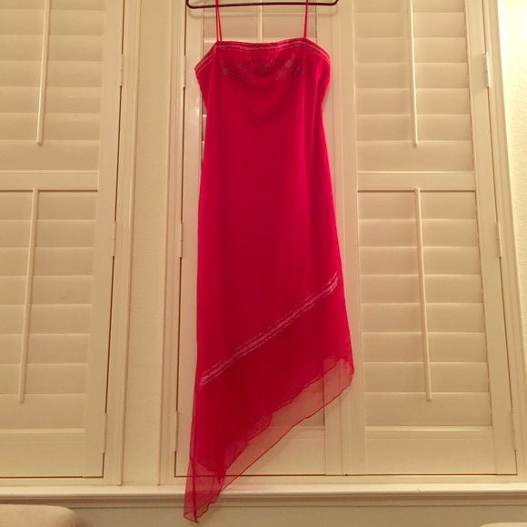 Red asymmetrical-hem dress with spaghetti straps