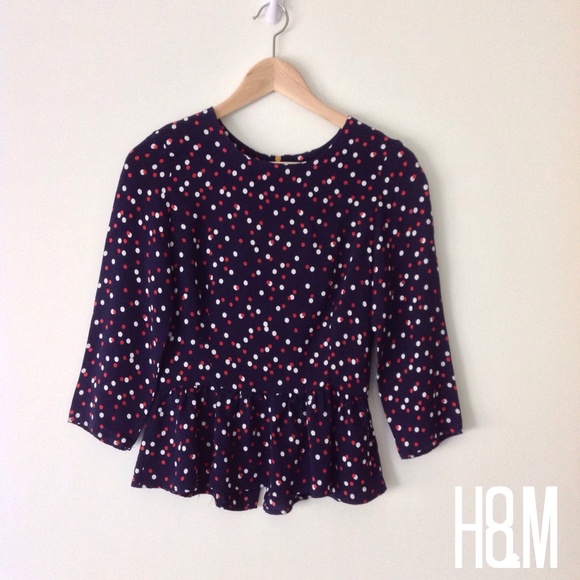 Navy Polka Dotted 3/4 Sleeve Peplum Top