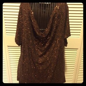 Brown/Glittery Bronze Short Sleeve Top