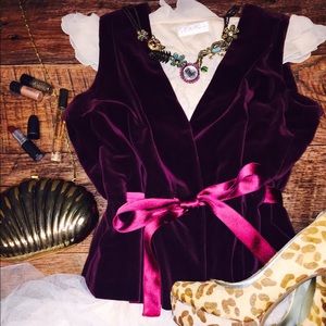 Vintage Boho Burgundy Velvet Vest with Satin Belt