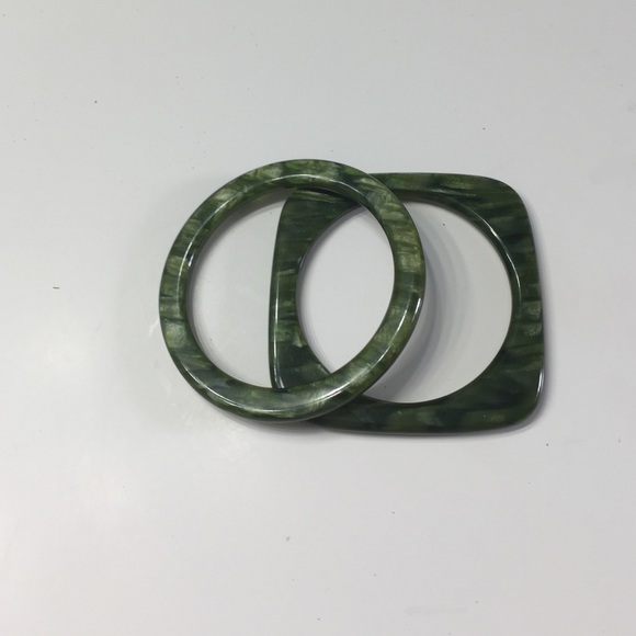 Green plastic circle and square bracelets