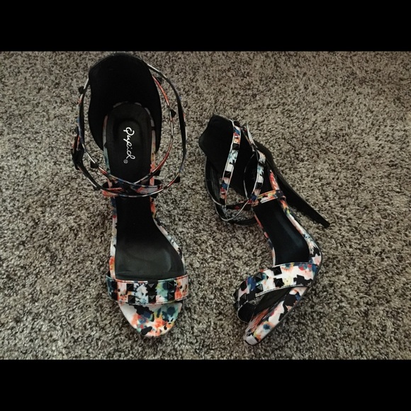 Strappy watercolor studded heels
