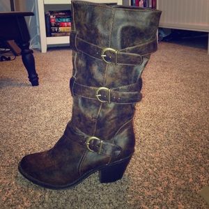 Brown Leather Buckle Heel Boots