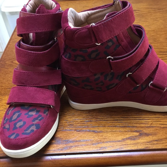 Burgundy leopard print sneaker wedges