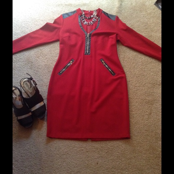 Cache Red dress with leather trim