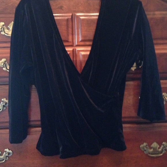 Plush black double V top gathered front left