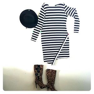 Black and White Striped Midi Shift Dress