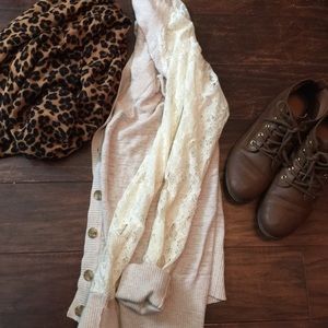 Tan cardigan with floral see through sleeves