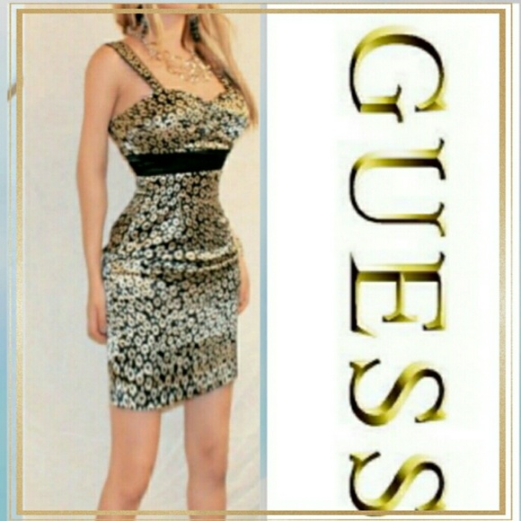 Guess Dresses & Skirts - (sold) Guess Satin Gold Black Sleeveless Dress