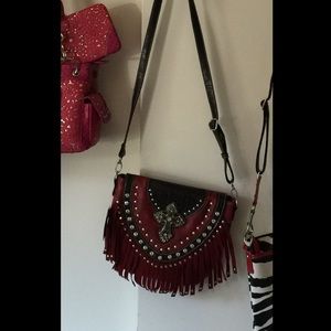 Crossbody bag with rhinestone cross & fringe