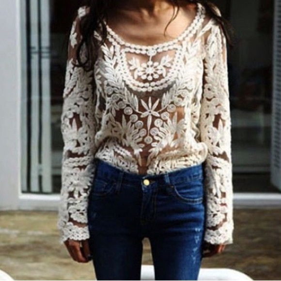 Semi sheer embroidery floral lace blouse