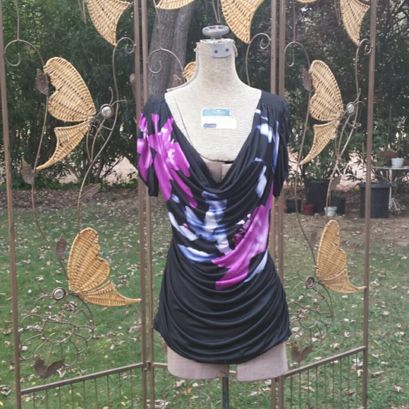 Worthington Tops - NWOT Black w/Purple Flowers Top