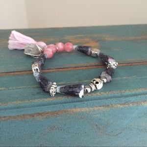 Silver skull, cone beads, wire wrapped crystal