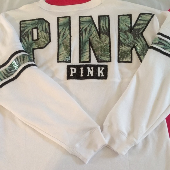 PINK Victoria's Secret Sweaters - Victoria's Secret Pink Palm fern crew w/ sequins M