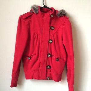 Nordstrom Red button down jacket with fur hood