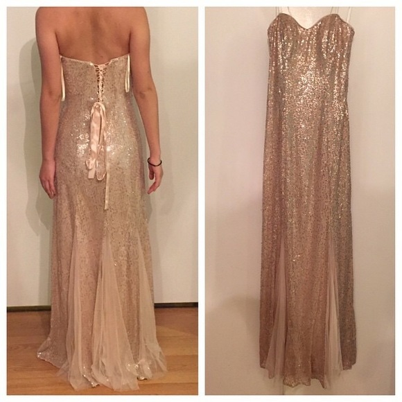 Champagne strapless sequin prom dress