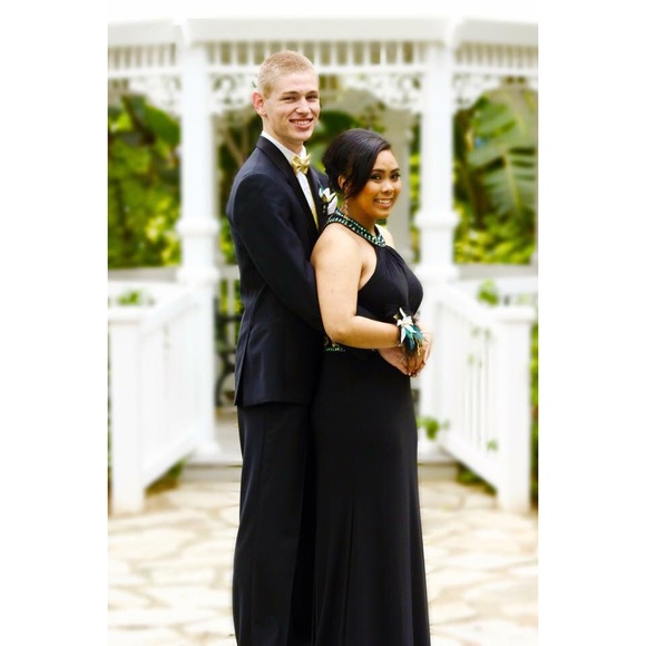 Black and turquoise beaded prom dress