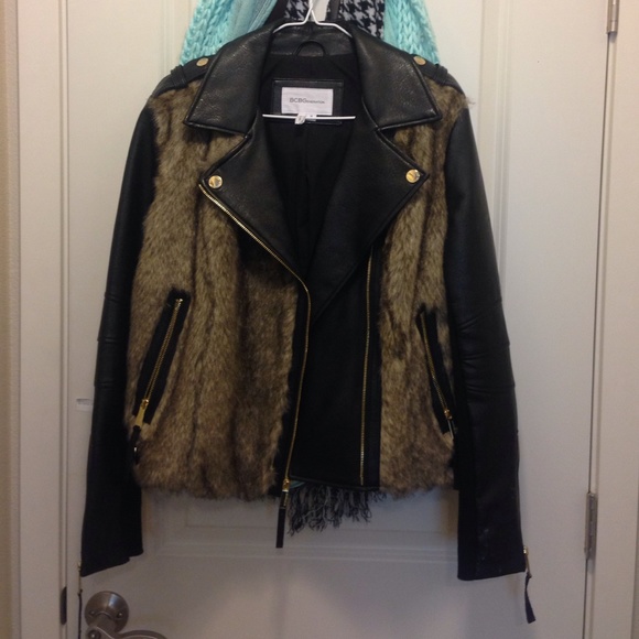 bcbg leather jacket with fur