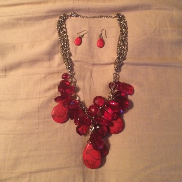 Red statement necklace and earrings